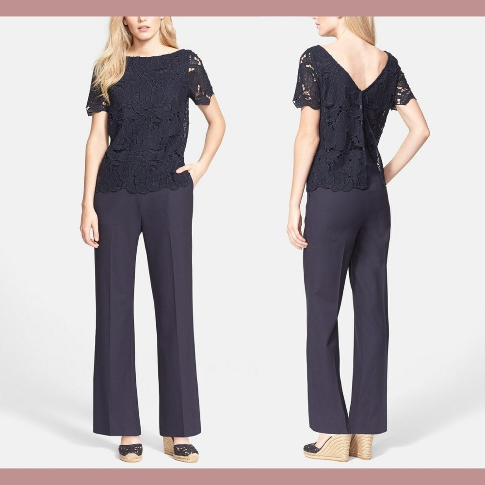 NWT $495 Tory Burch [sz 4 ] Avalon Lace Bodice Jumpsuit in Navy‎ Blue